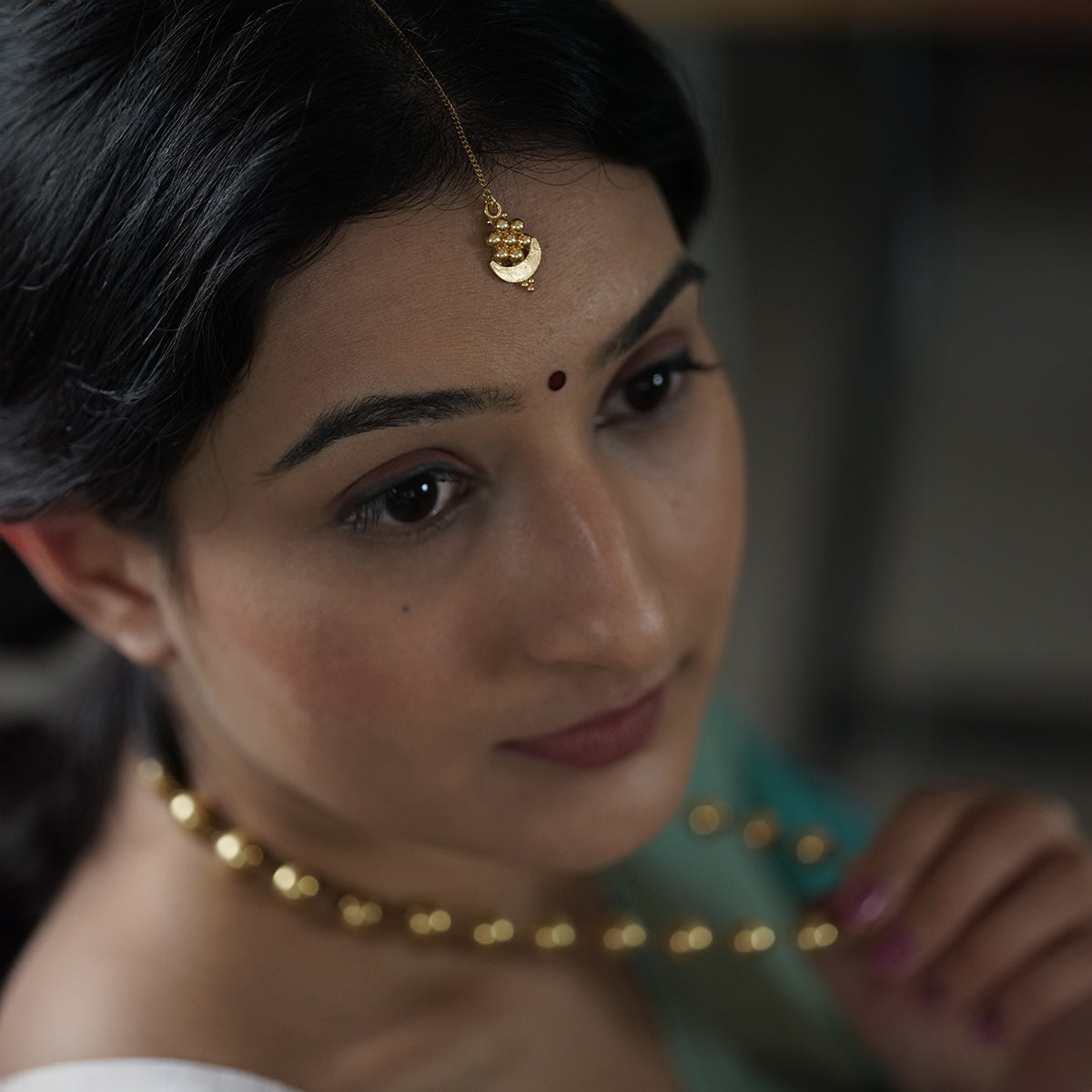 Silver Kudi & Chandrakor Motif Maang Tika (Gold Plated)