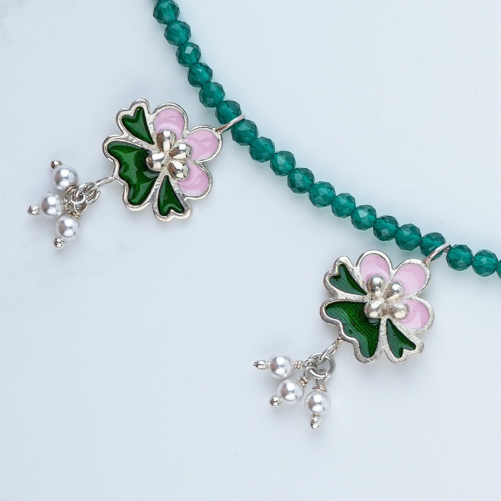 Pink & Green Enamel Charm Necklace with Green Onyx