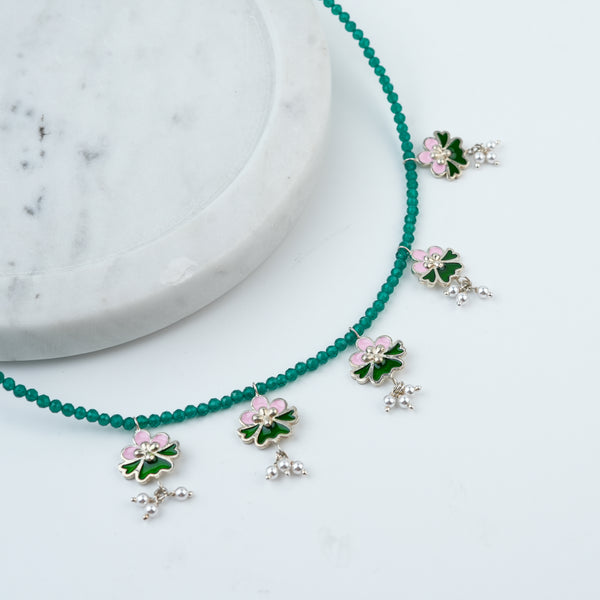 Pink & Green Enamel Charm Necklace with Green Onyx