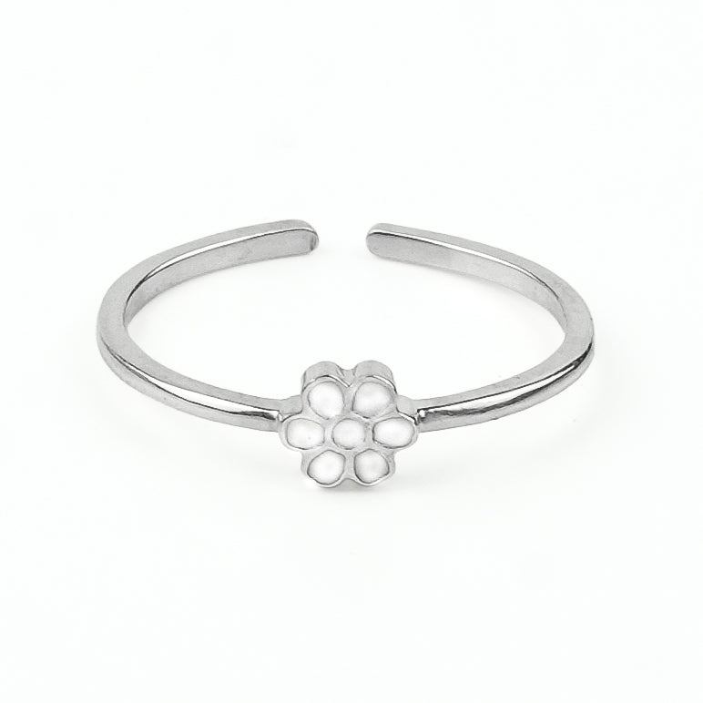 White Flower Enamel Silver Ring