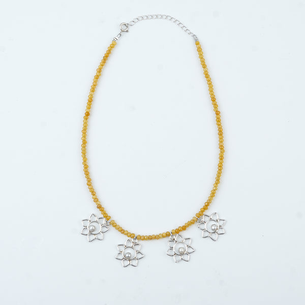 Flower & Pearl Charm Necklace with Yellow Jade