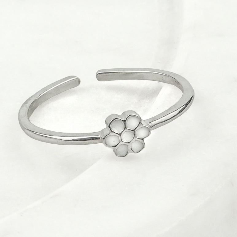 White Flower Enamel Silver Ring