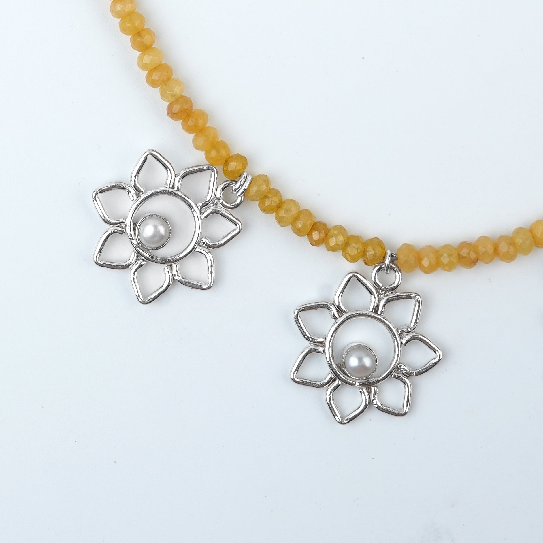 Flower & Pearl Charm Necklace with Yellow Jade