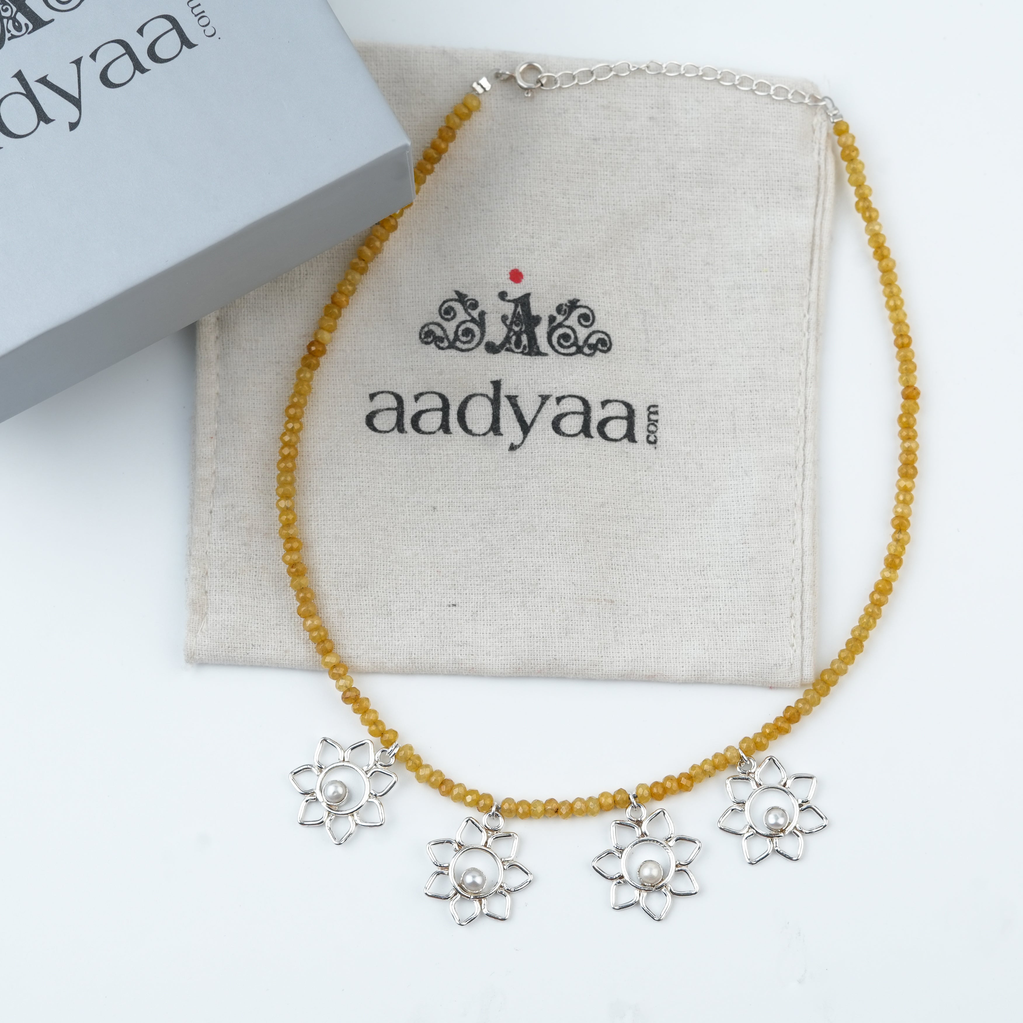 Flower & Pearl Charm Necklace with Yellow Jade