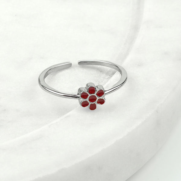 Red Flower Enamel Silver Ring