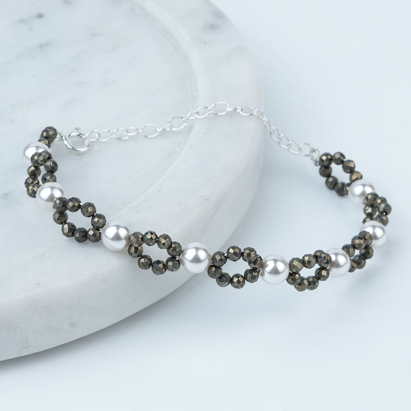 Silver Pyrite & Pearl Bracelet