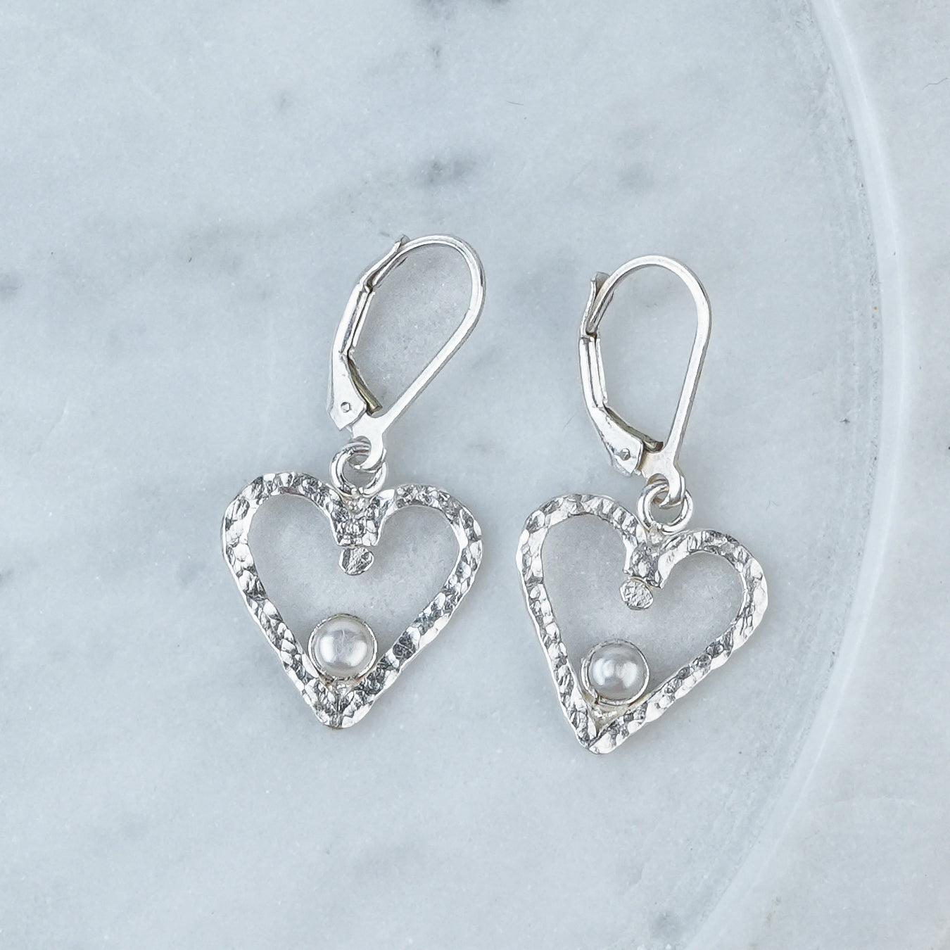 Silver Hammered Heart & Pearl Dangle Earrings