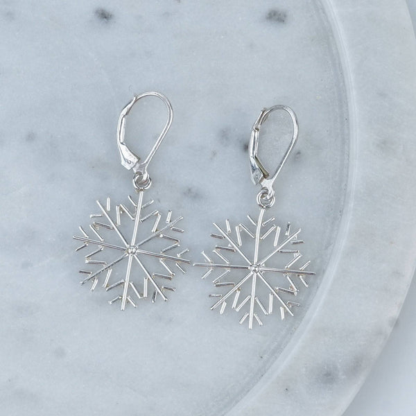 Close-up of Silver Snowflake Dangle Earrings showcasing intricate snowflake detailing and fine silver craftsmanship