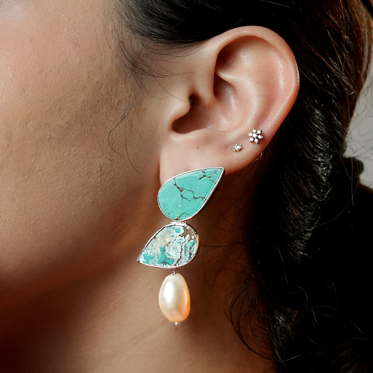 Pear Shape Turquoise And Pearl Drop Earring