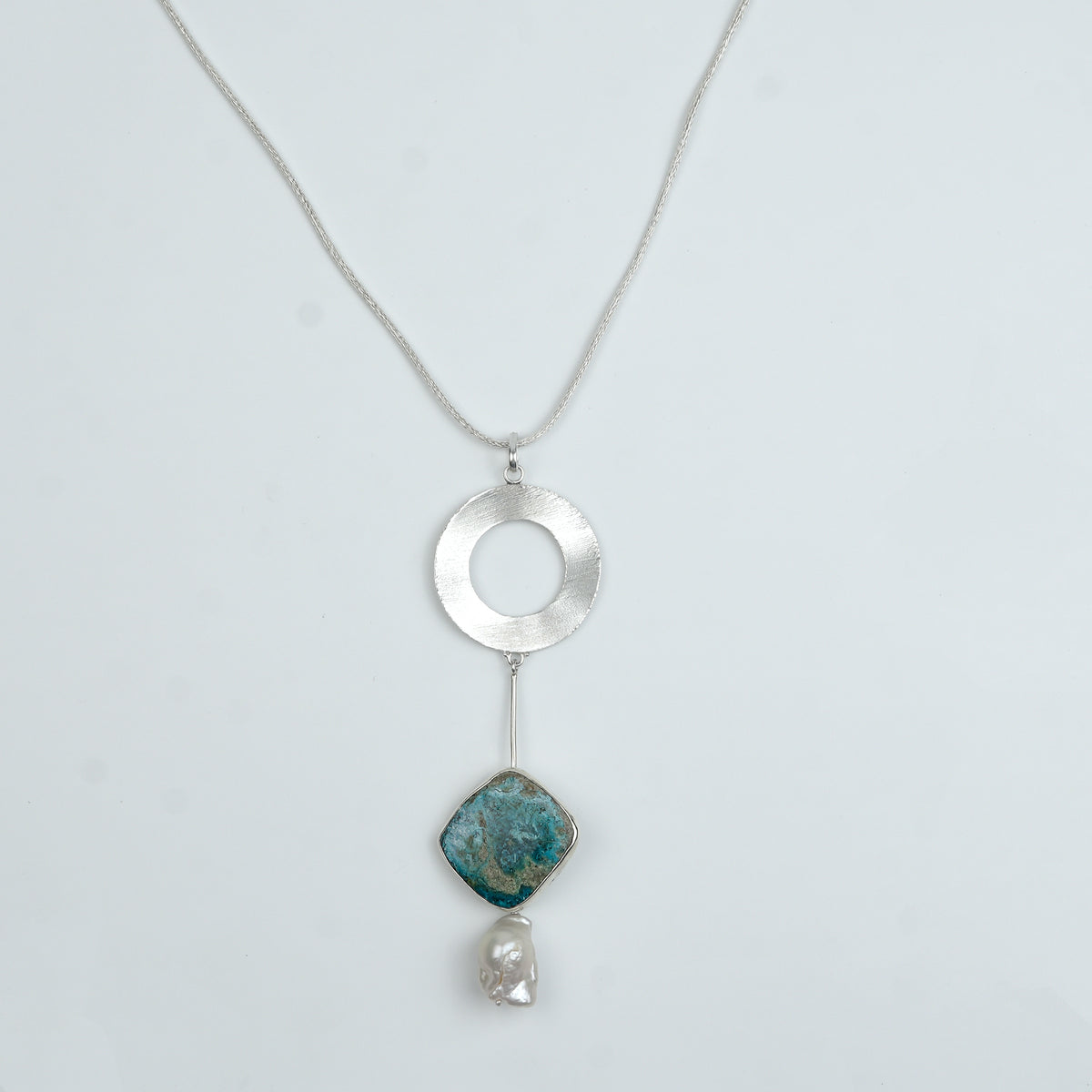 Chrysocolla and Baroque Pearl Dangle Pendant With Geometric Accent Chain Necklace