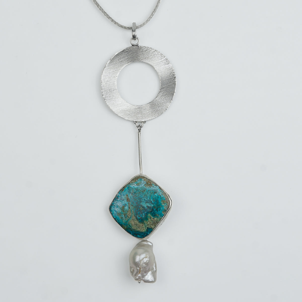 Chrysocolla and Baroque Pearl Dangle Pendant With Geometric Accent Chain Necklace