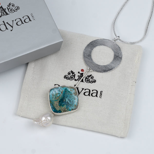 Chrysocolla & Baroque Pearl Dangle Pendant With Geometric Accent Chain Necklace