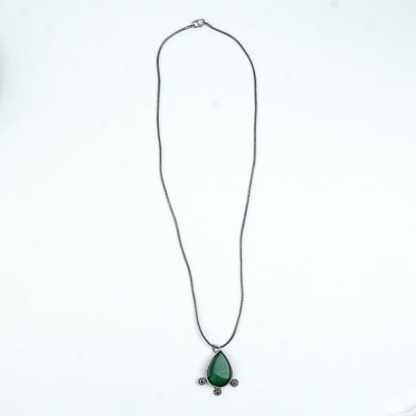Silver Oxidized Pink Stone, Green Onyx Drop Pendant Chain Necklace