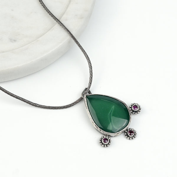 Silver Oxidized Pink Stone, Green Onyx Drop Pendant Chain Necklace