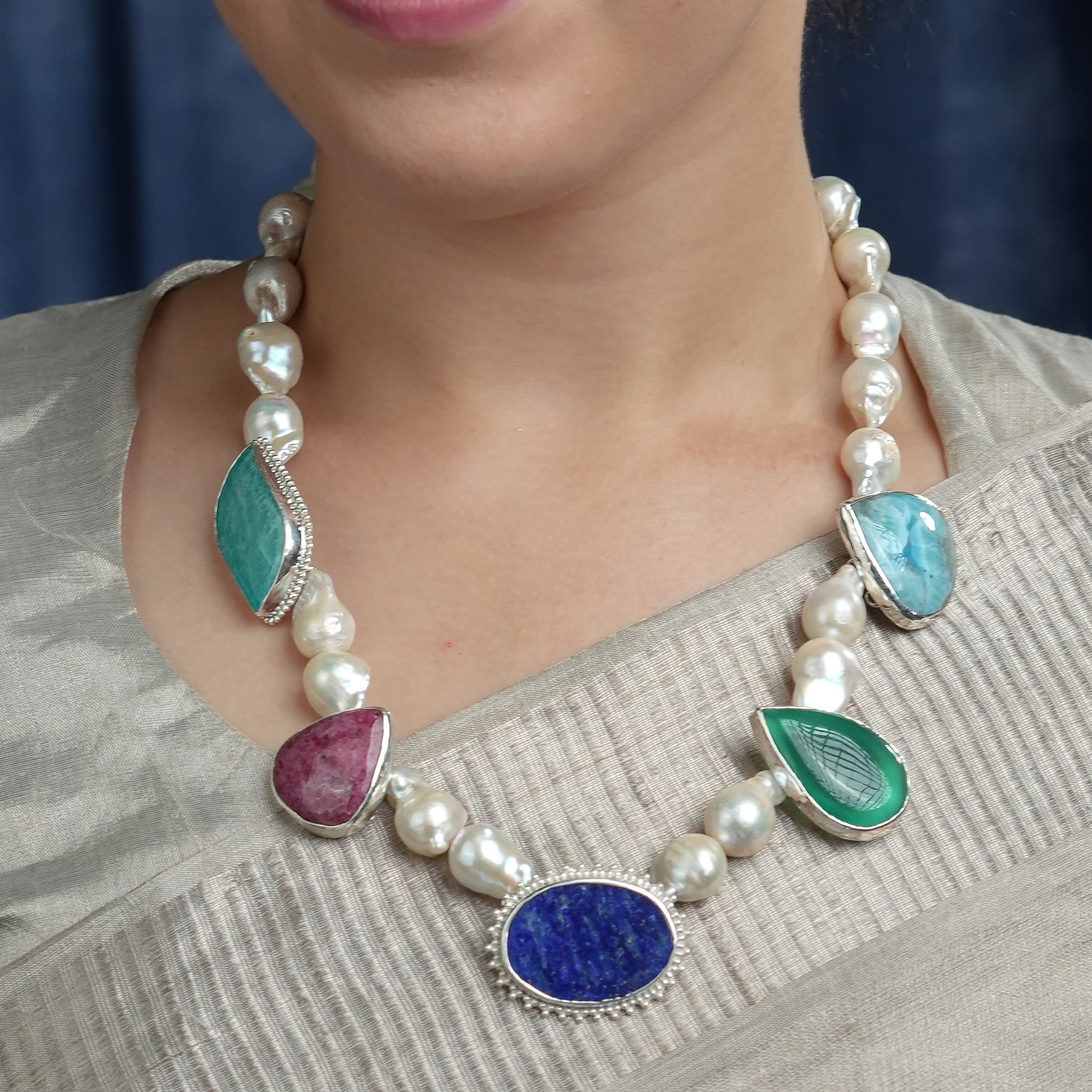 Luxe Necklace – Rhodonite, Larimar, Amazonite, Green Onyx, Lapis Lazuli & Baroque Pearls