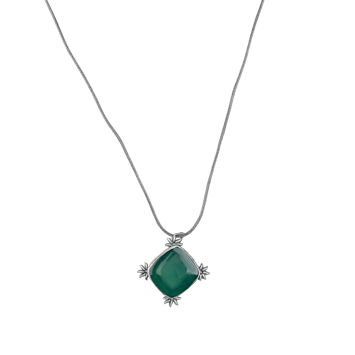 Silver Oxidised Green Onyx Pendant With Sun Motif Chain Necklace