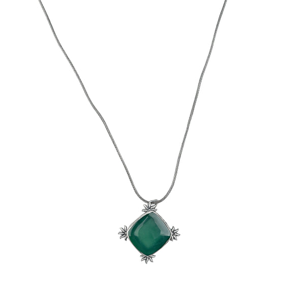 Silver Oxidized Sun Motif Green Onyx Pendant Chain Necklace