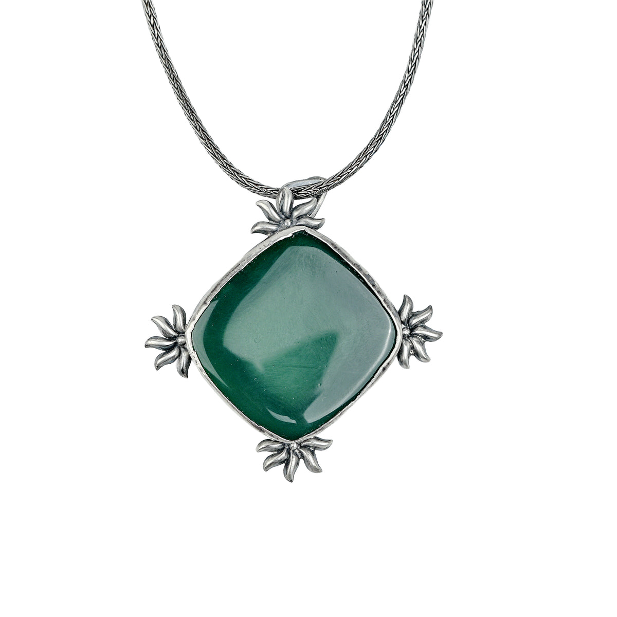 Silver Oxidised Green Onyx Pendant With Sun Motif Chain Necklace