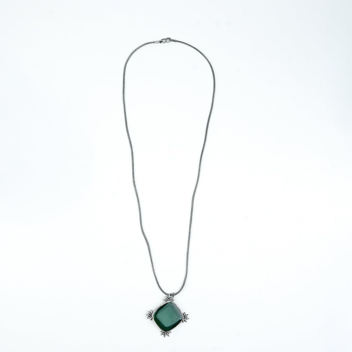 Silver Oxidised Green Onyx Pendant With Sun Motif Chain Necklace