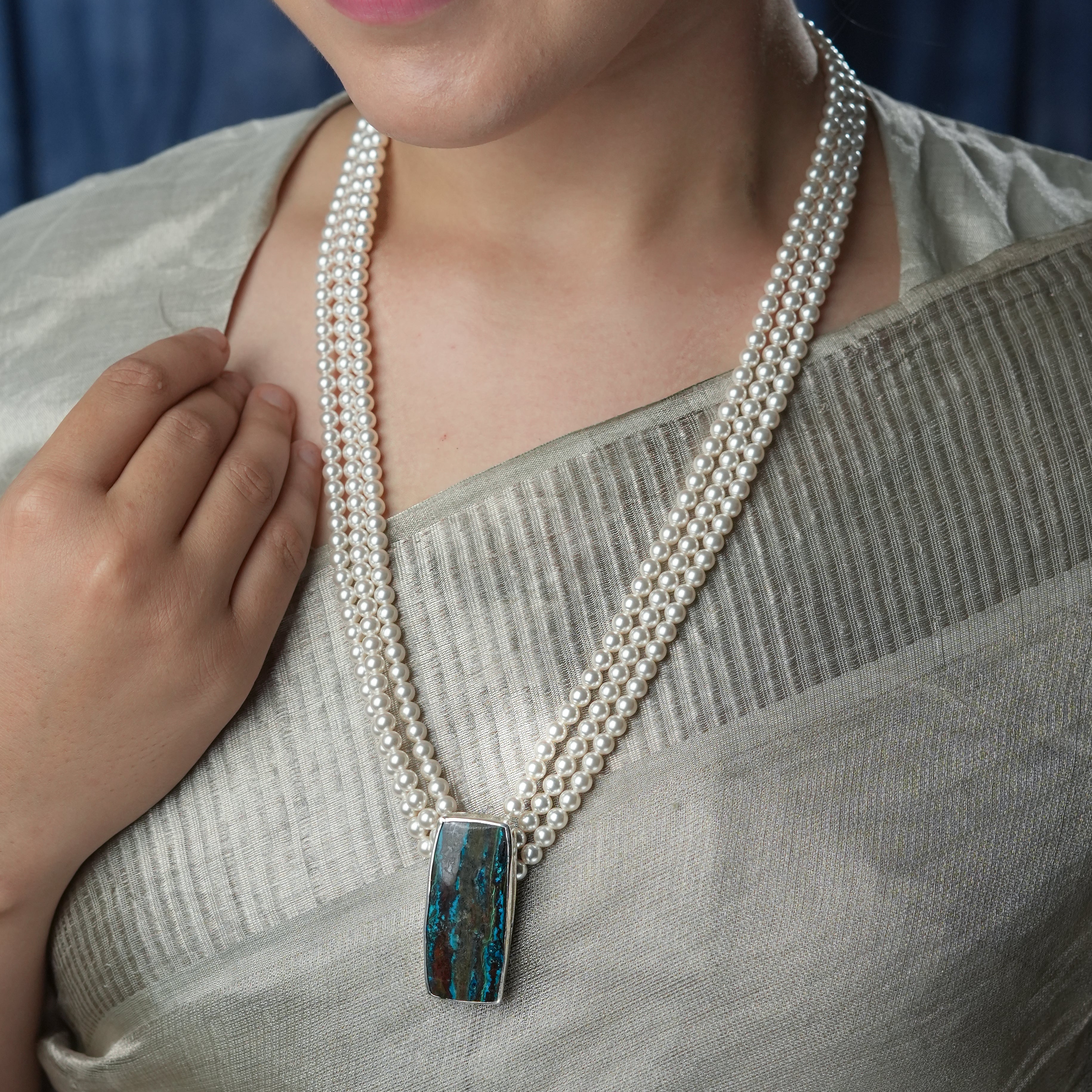 Luxe Necklace – Rectangle Chrysocolla & Pearls