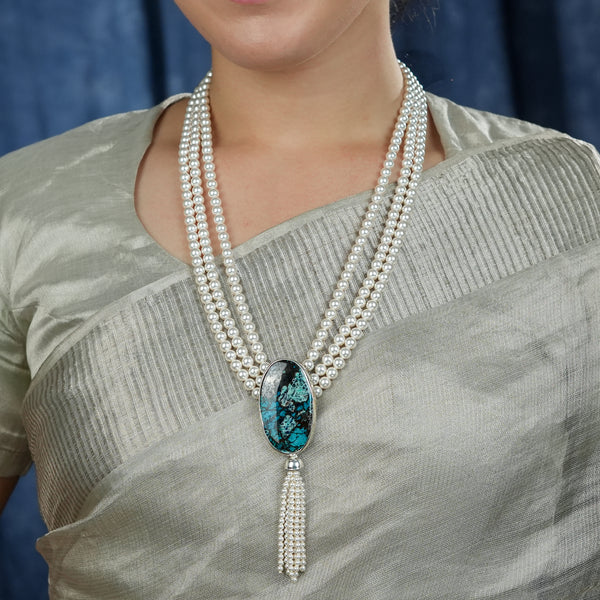 Luxe Necklace – Oval Chrysocolla & Pearls
