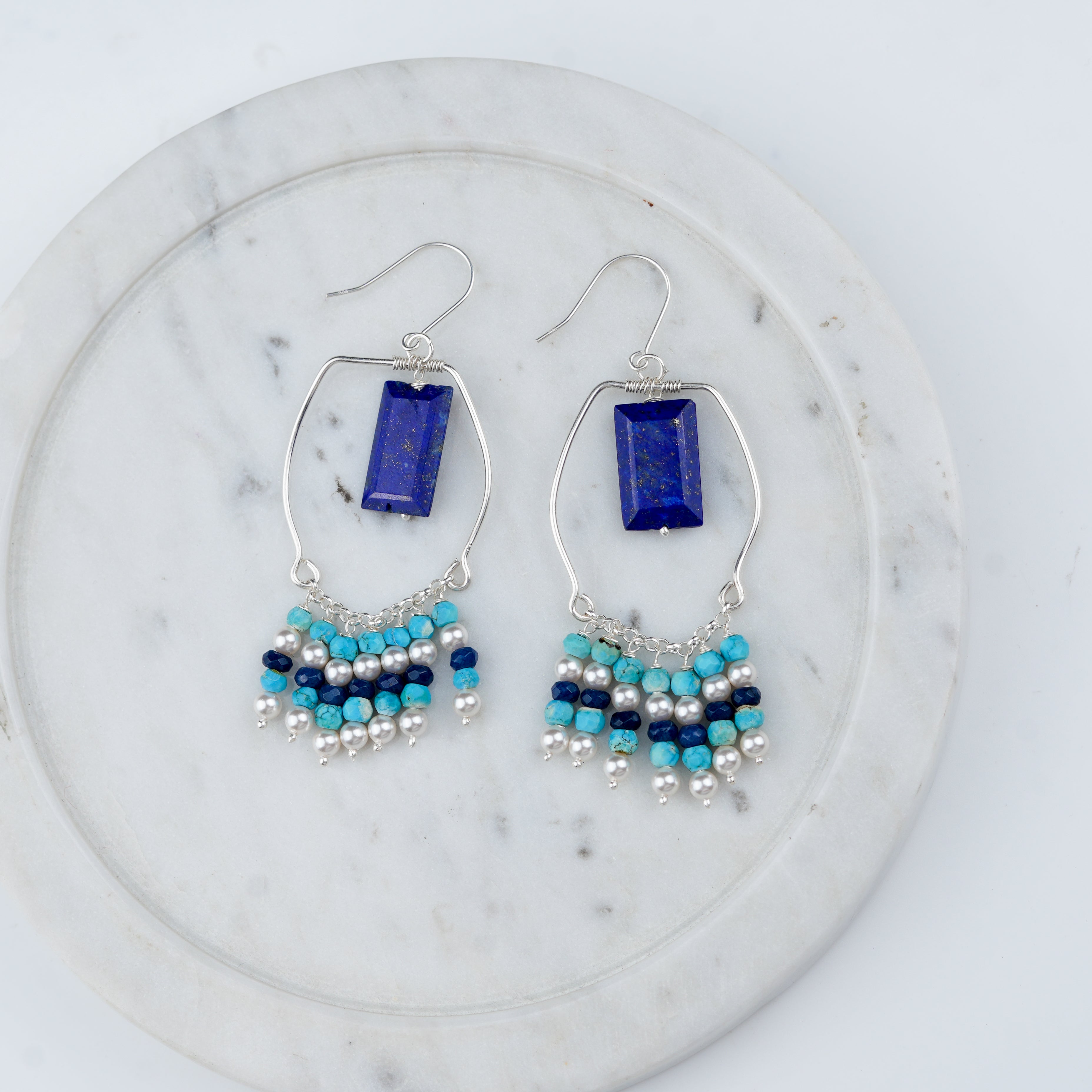 Lapis Lazuli, Turquoise & Pearl Earrings (Project Handmade)
