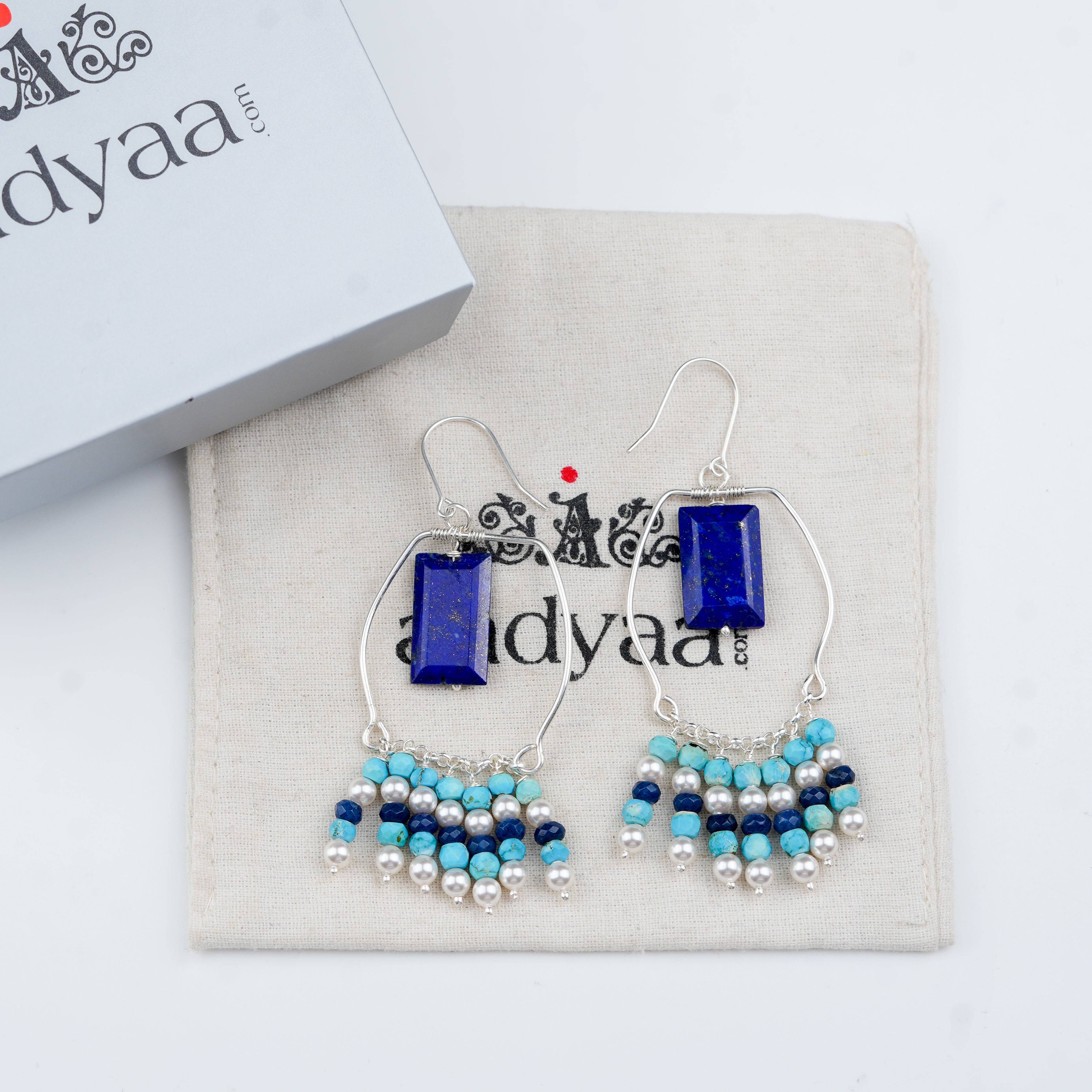 Sterling silver earrings with natural lapis lazuli turquoise and pearls