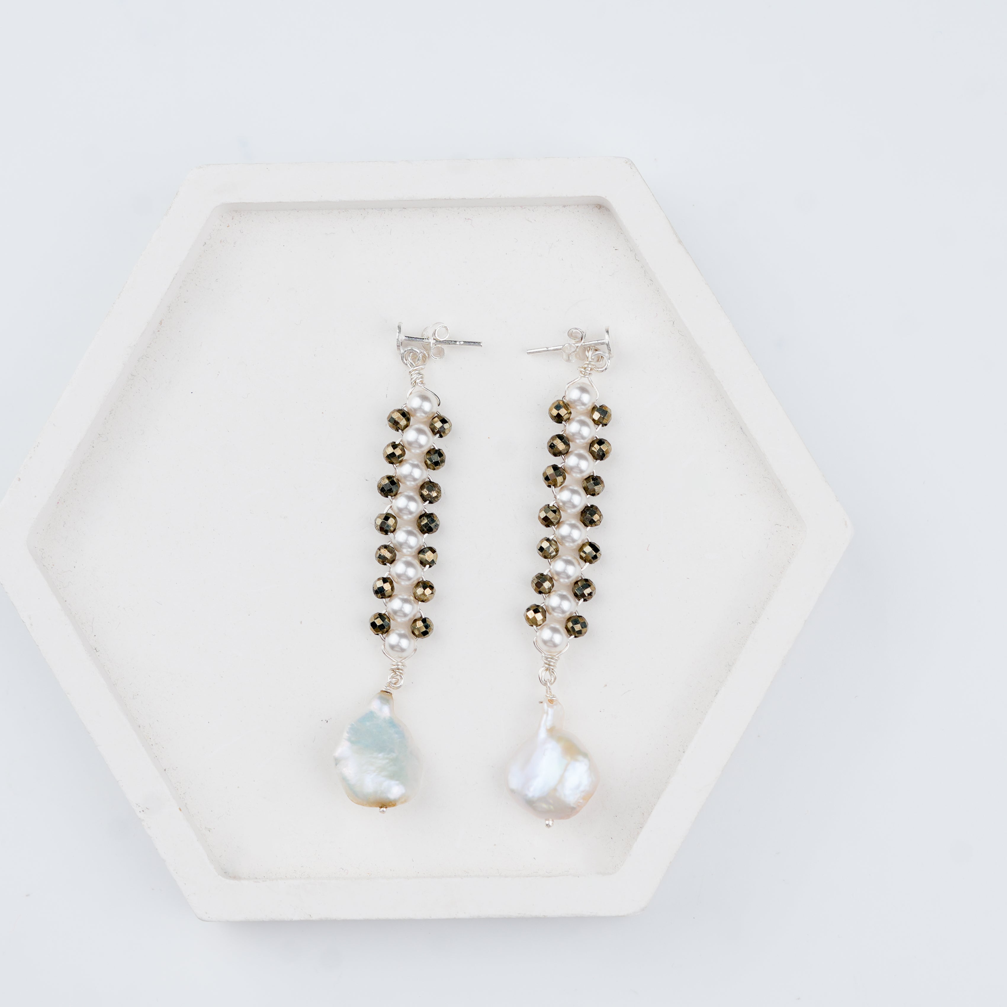 Pyrite & Pearl Silver Earrings (Project Handmade)