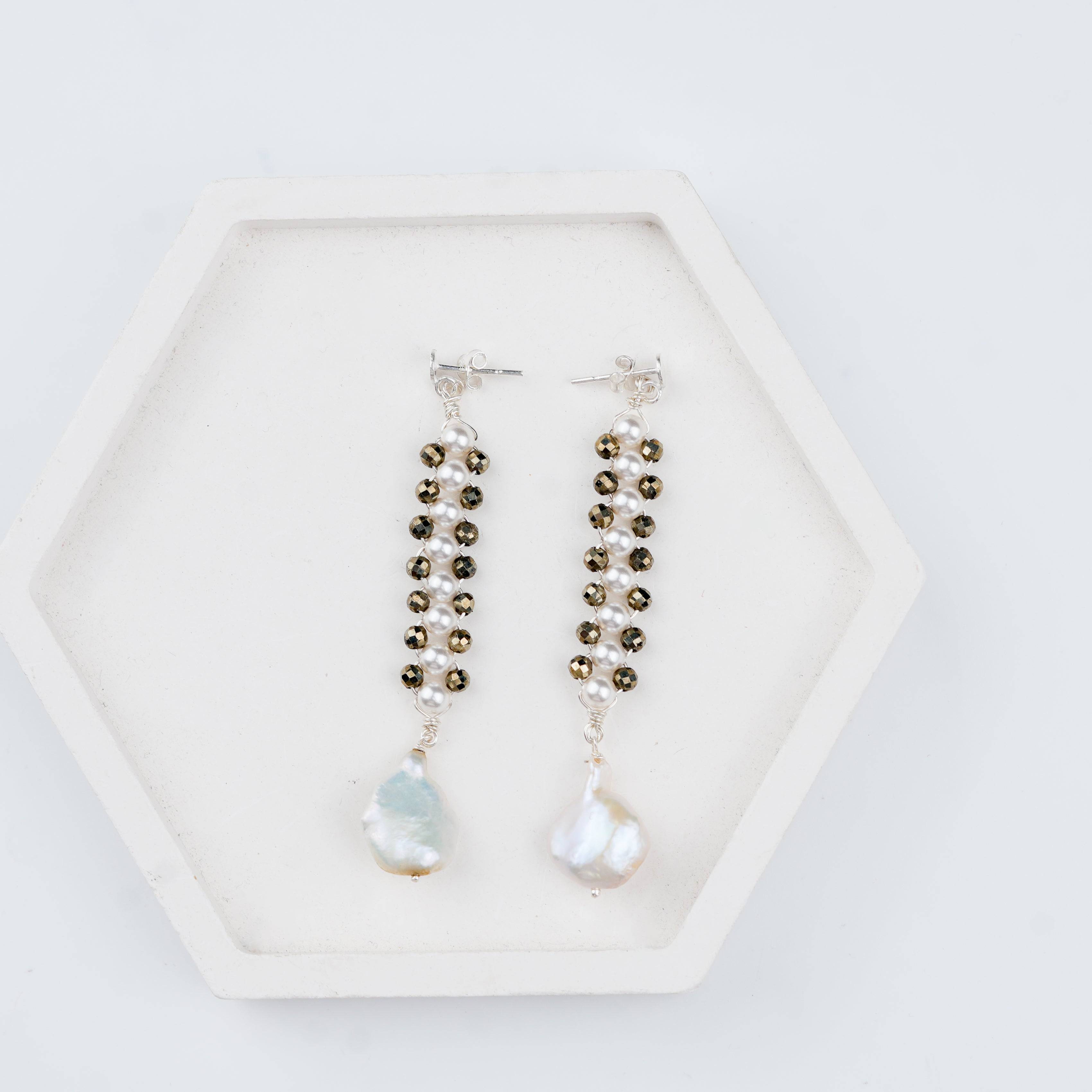 Close-up of Pyrite & Pearl Silver Earrings craftsmanship