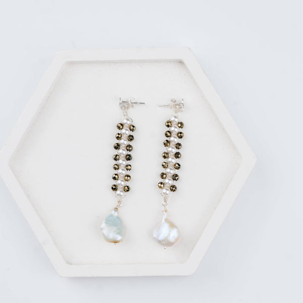 Close-up of Pyrite & Pearl Silver Earrings craftsmanship
