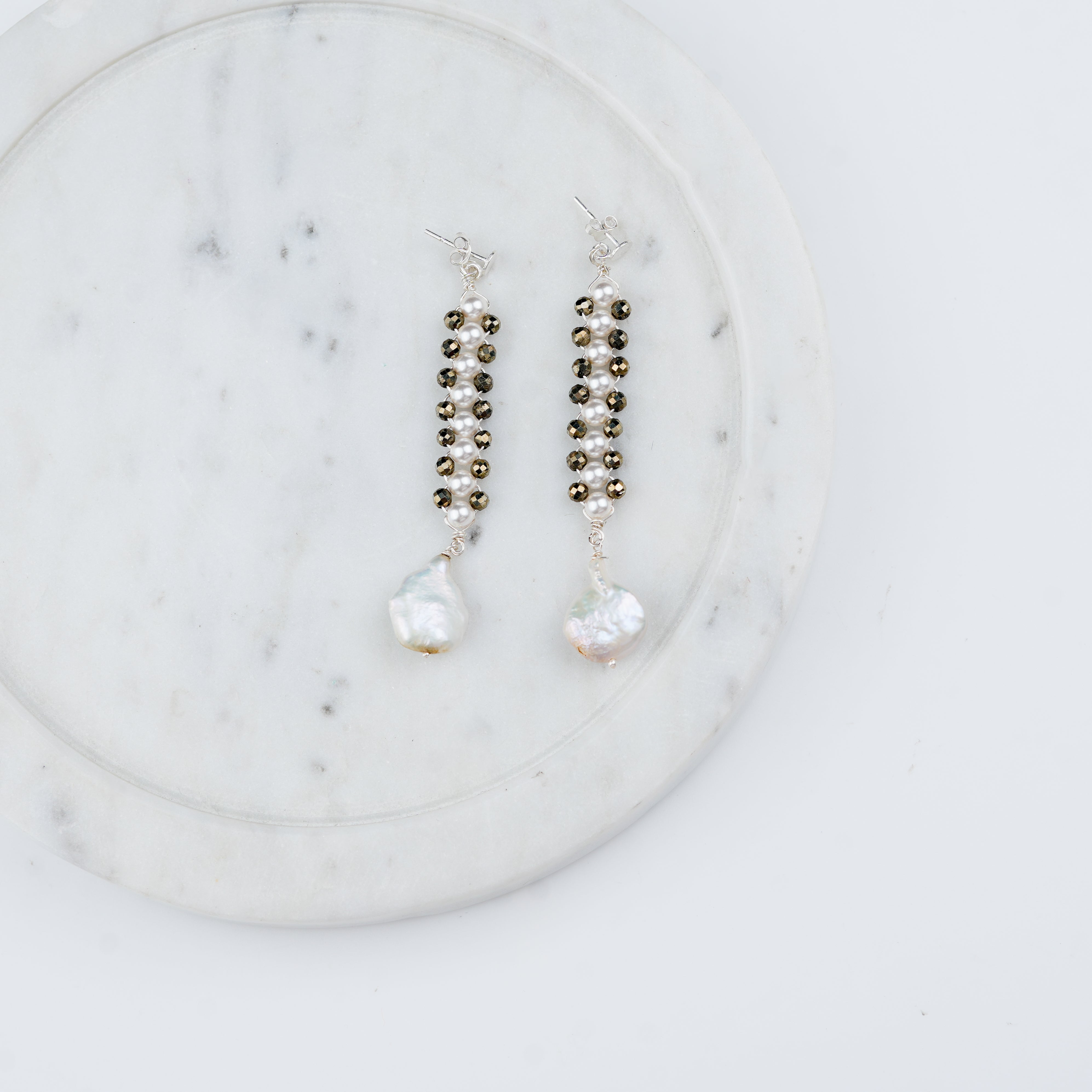 Pyrite & Pearl Silver Earrings (Project Handmade)