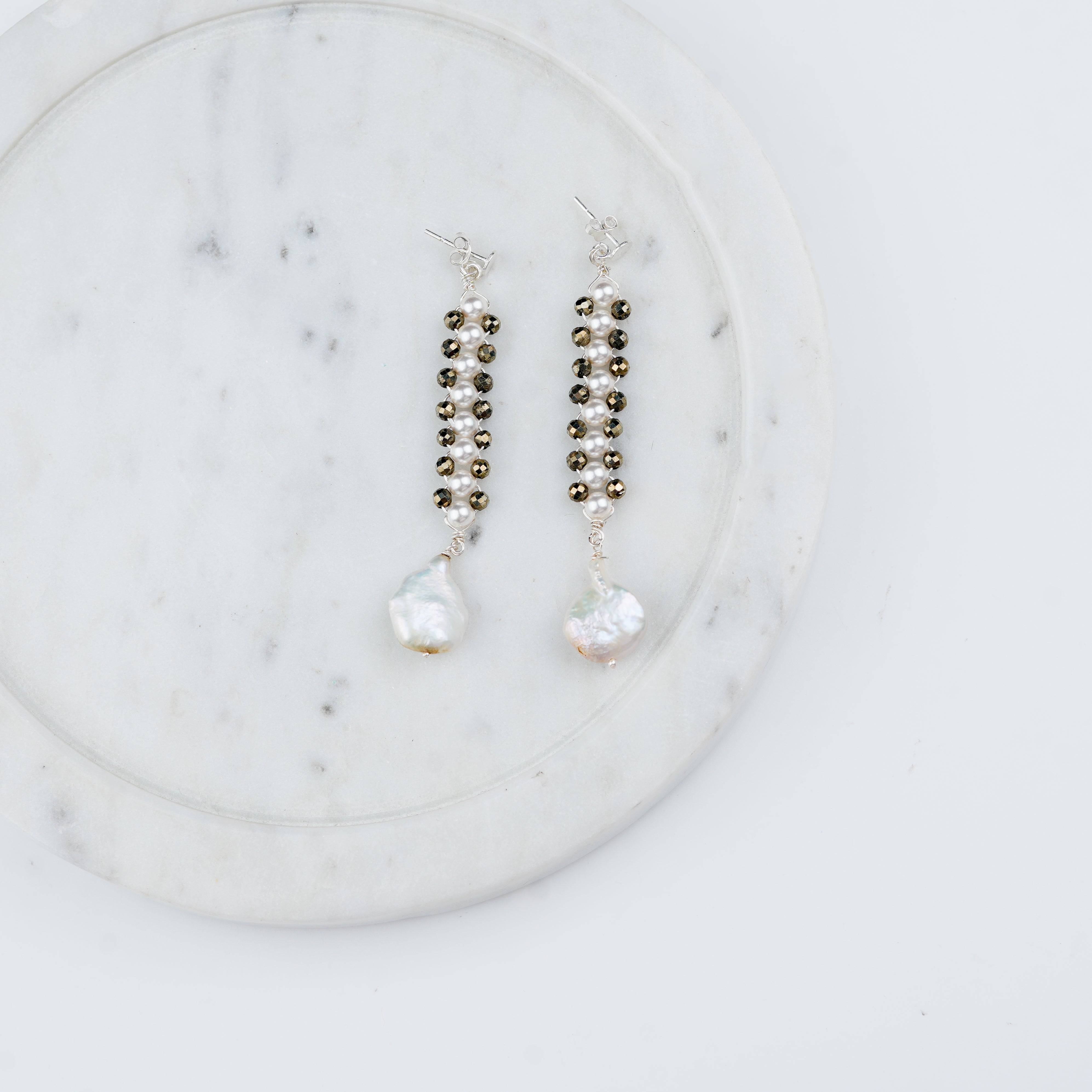 Elegant pyrite and pearl gemstone earrings