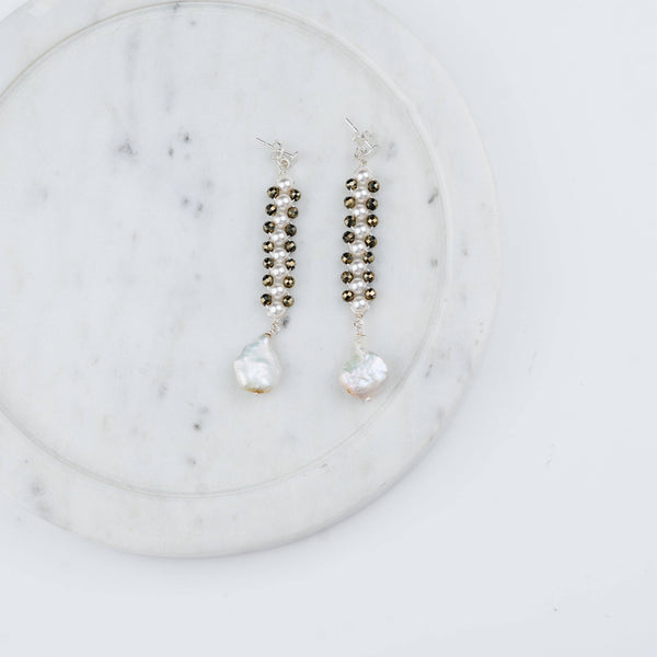 Elegant pyrite and pearl gemstone earrings