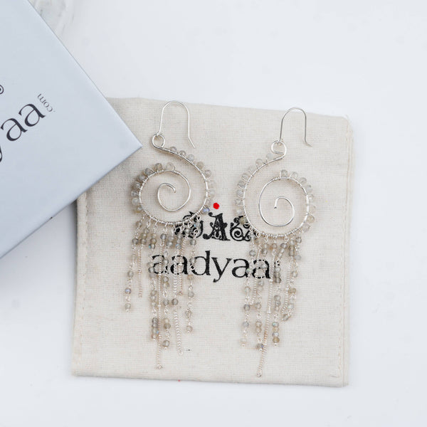 Sterling silver earrings with natural labradorite gemstones and spiral detailing