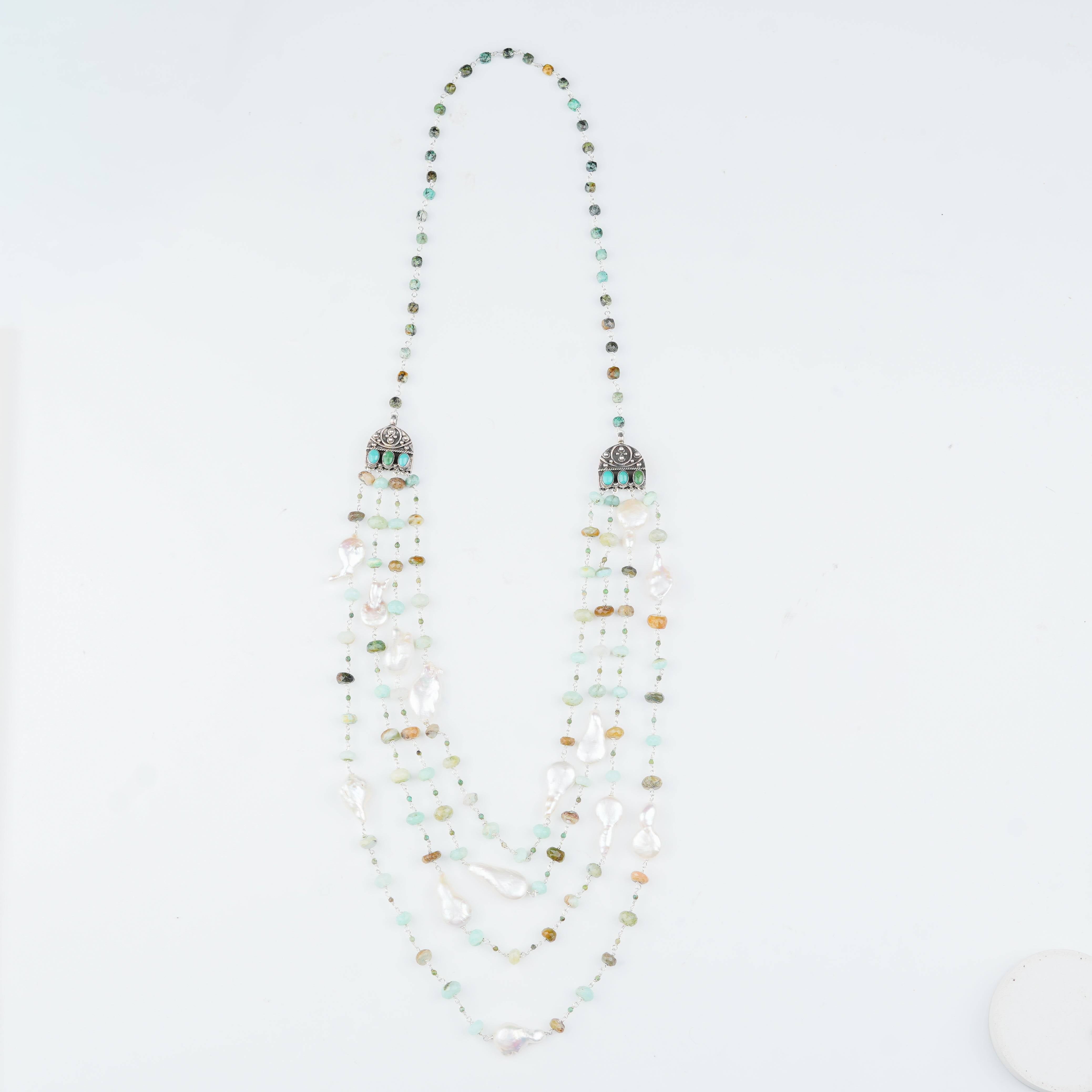 Baroque pearl, blue opal and Firoza statement necklace for women