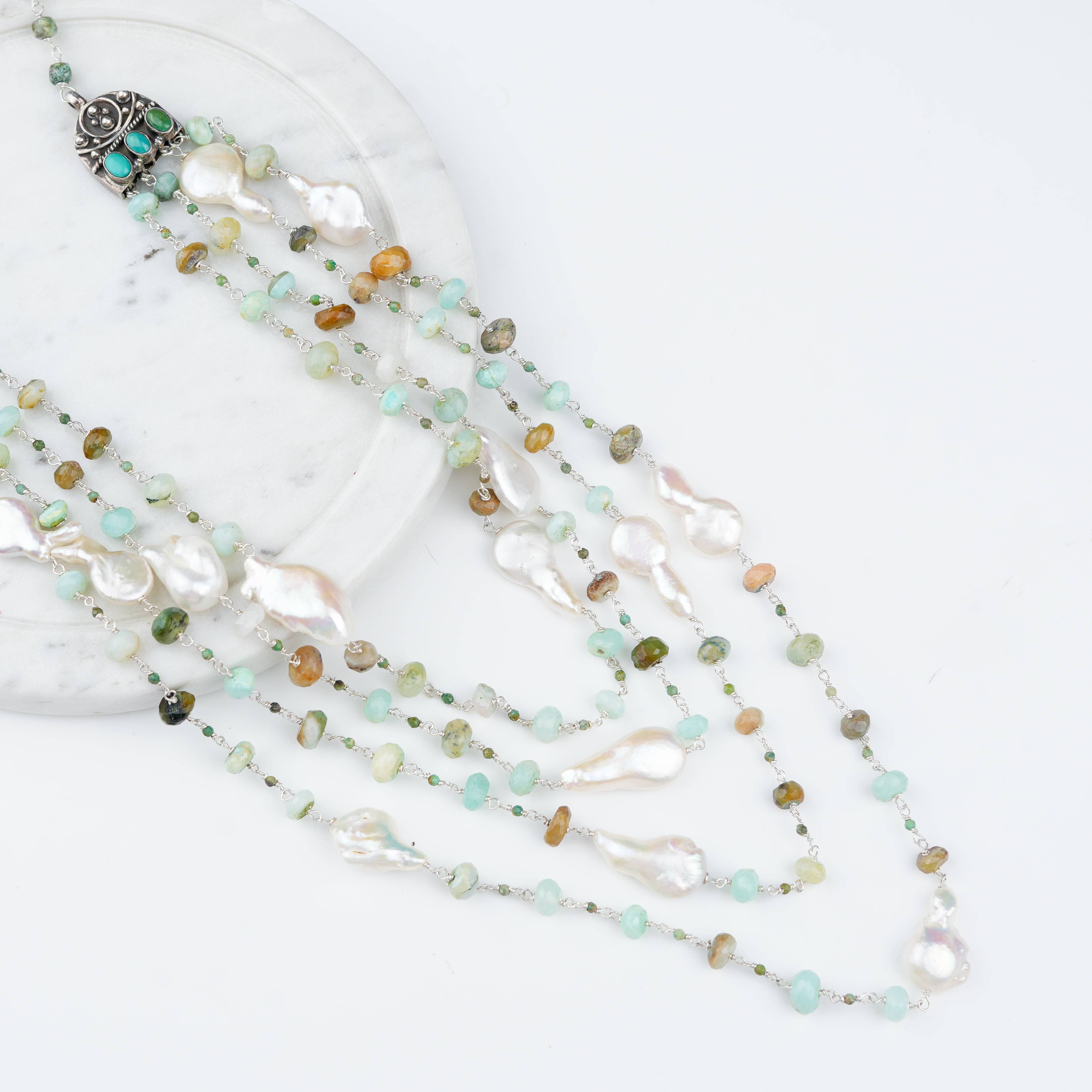 Premium 92.5 sterling silver Luxe gemstone and pearl necklace