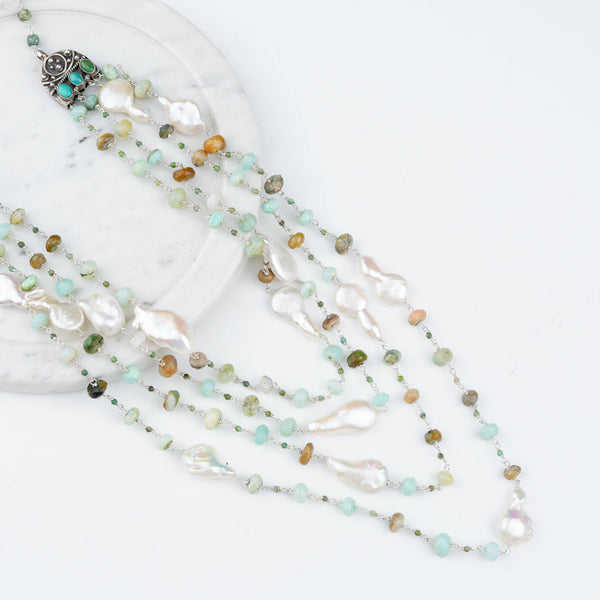 Premium 92.5 sterling silver Luxe gemstone and pearl necklace