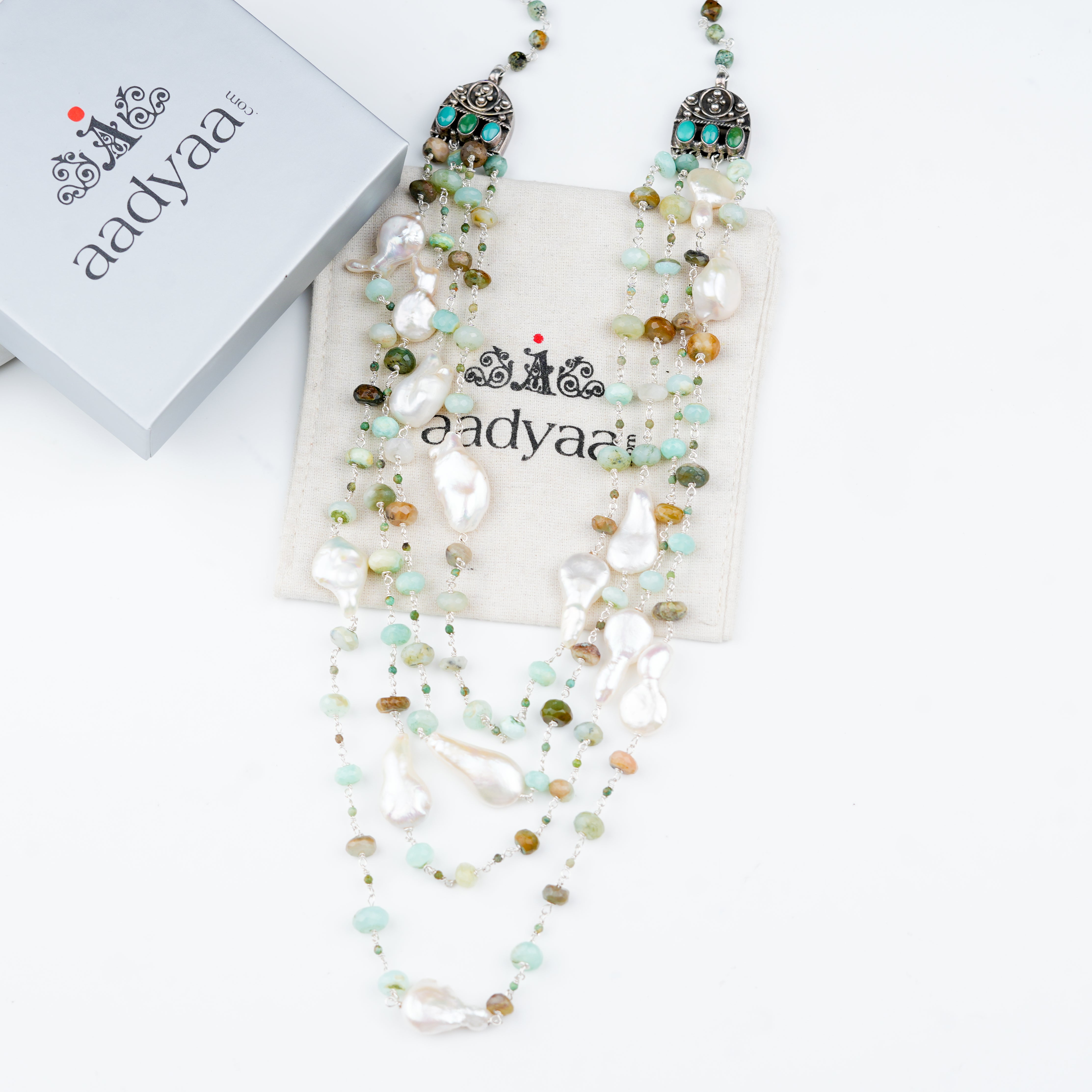 Luxe Necklace – Baroque Pearls, Blue Opal & Firoza