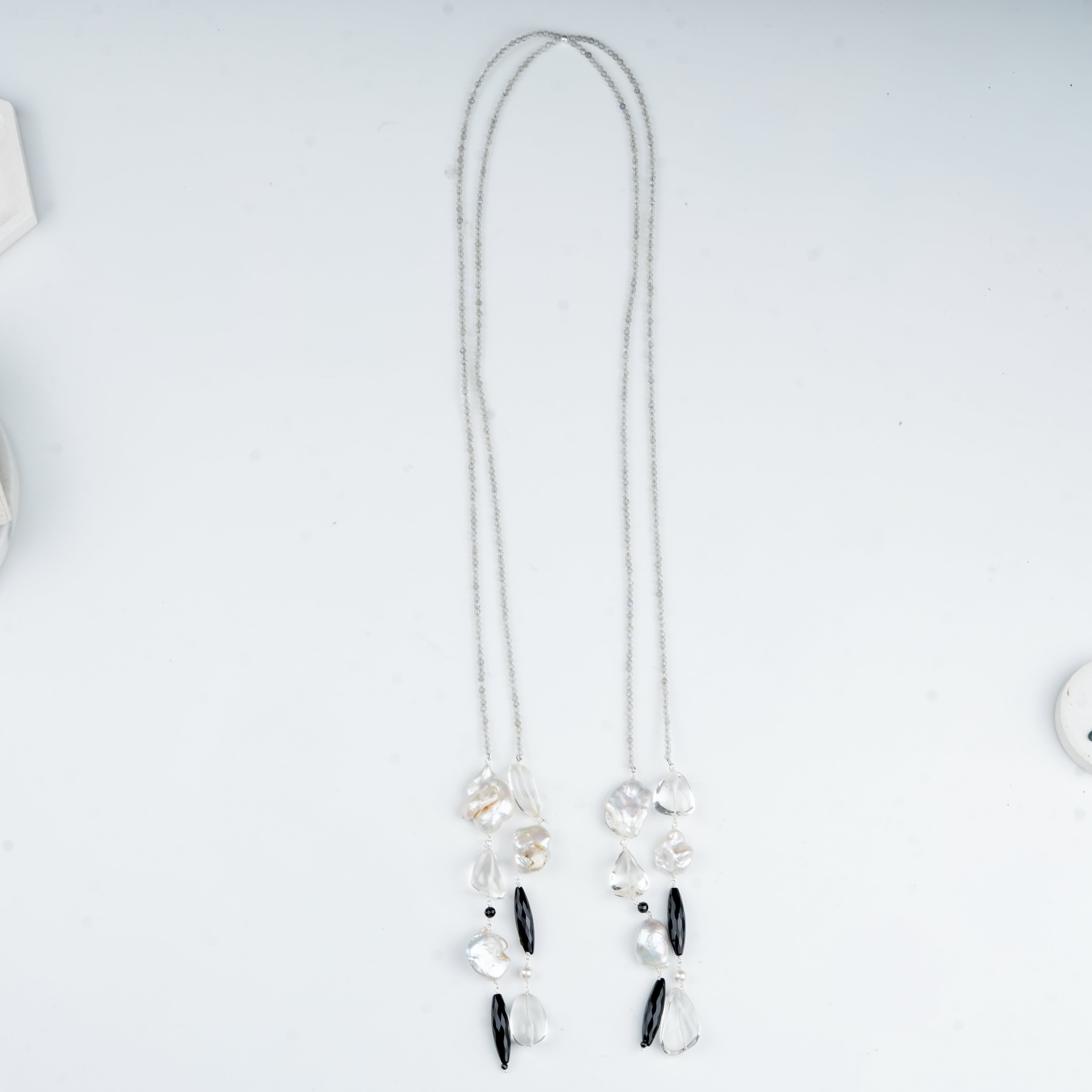Tie & Wear Necklace with Labradorite, Black Spinel, Crystal & Baroque Pearls