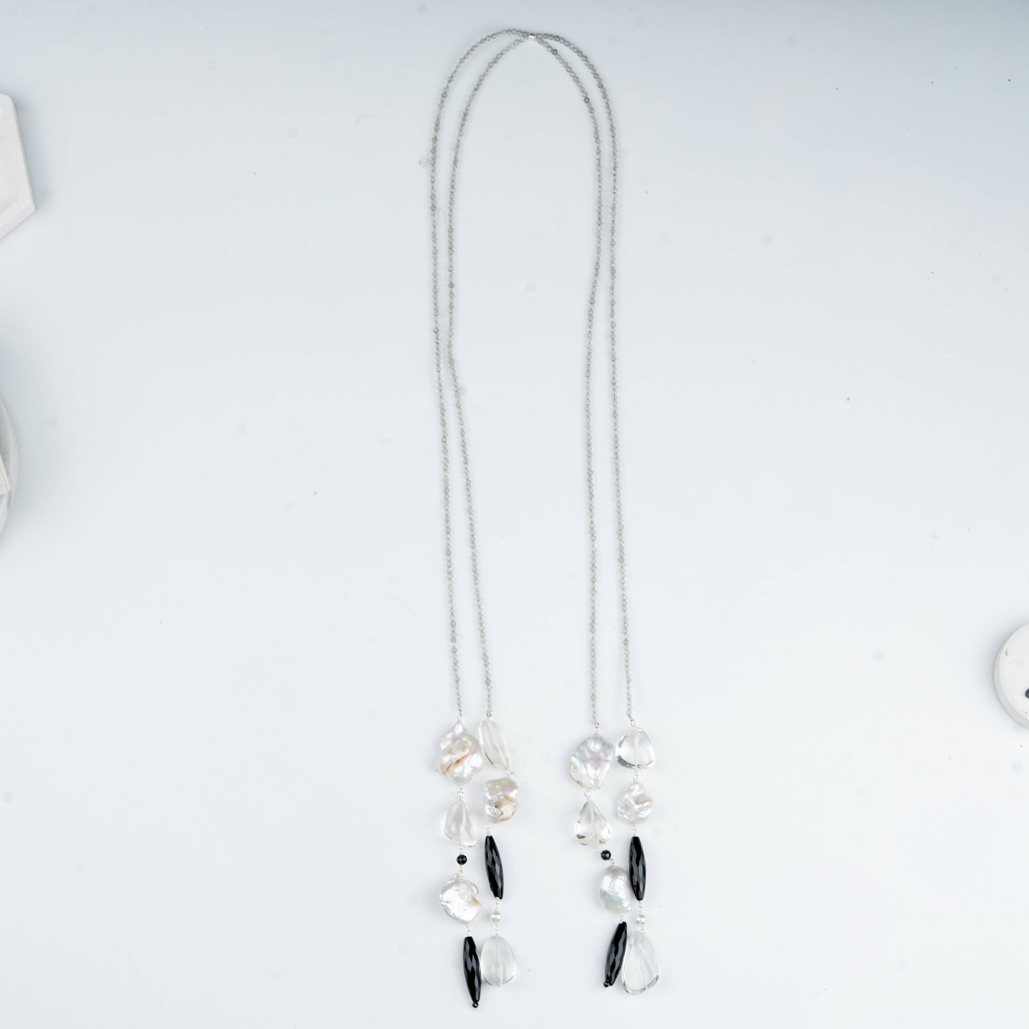 Elegant tie and wear gemstone necklace with natural baroque pearls