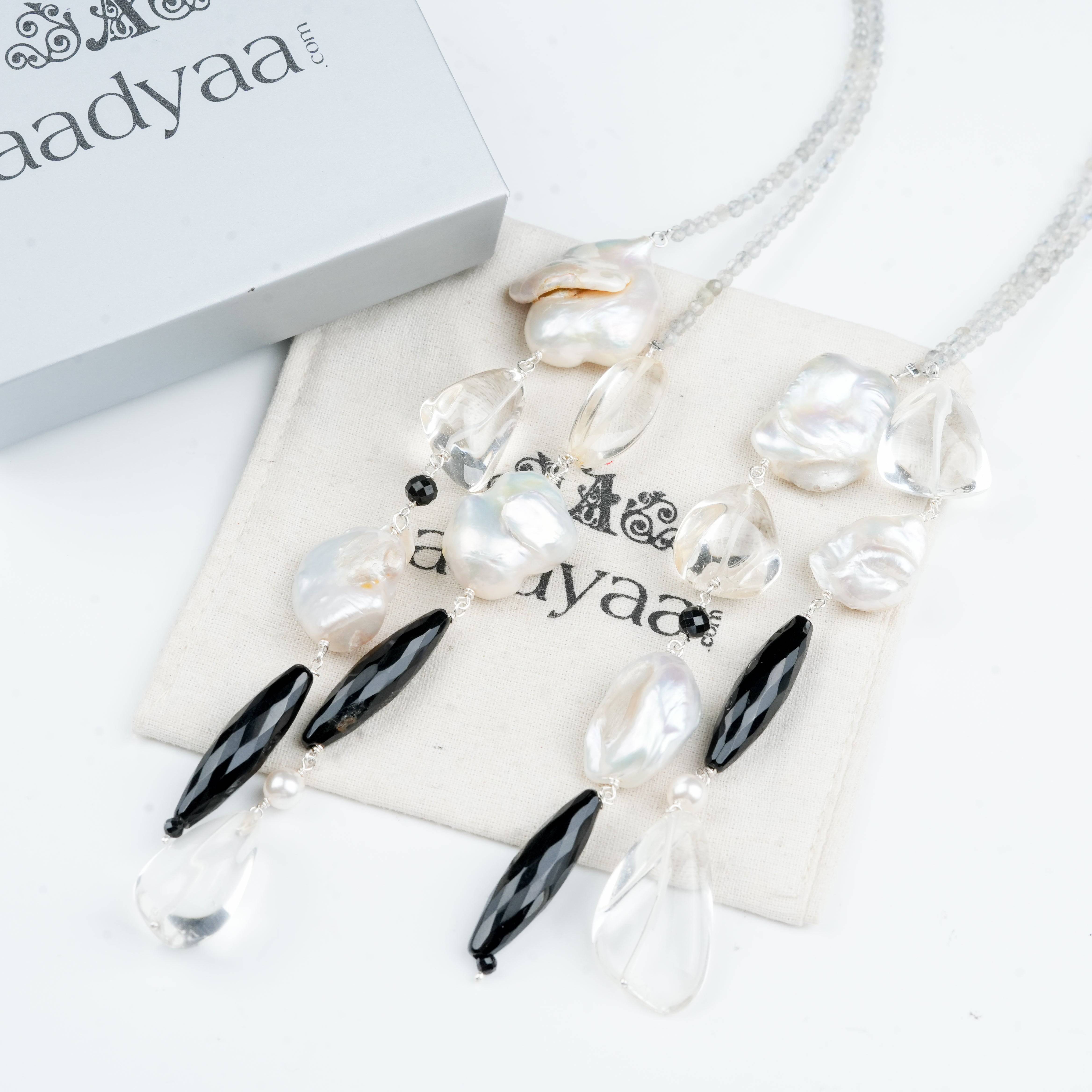 Labradorite, black spinel, crystal and baroque pearl statement necklace