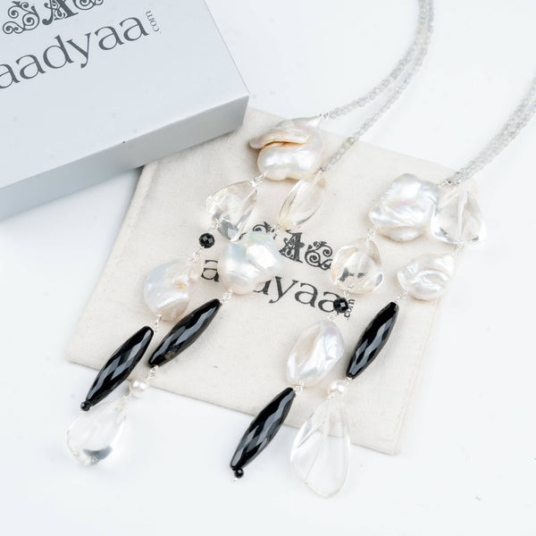 Labradorite, black spinel, crystal and baroque pearl statement necklace