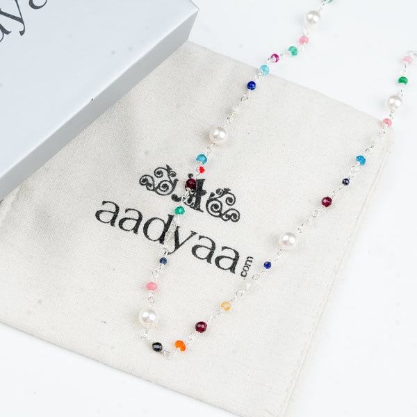 Sterling silver Ganthan necklace with colourful gemstones and pearls