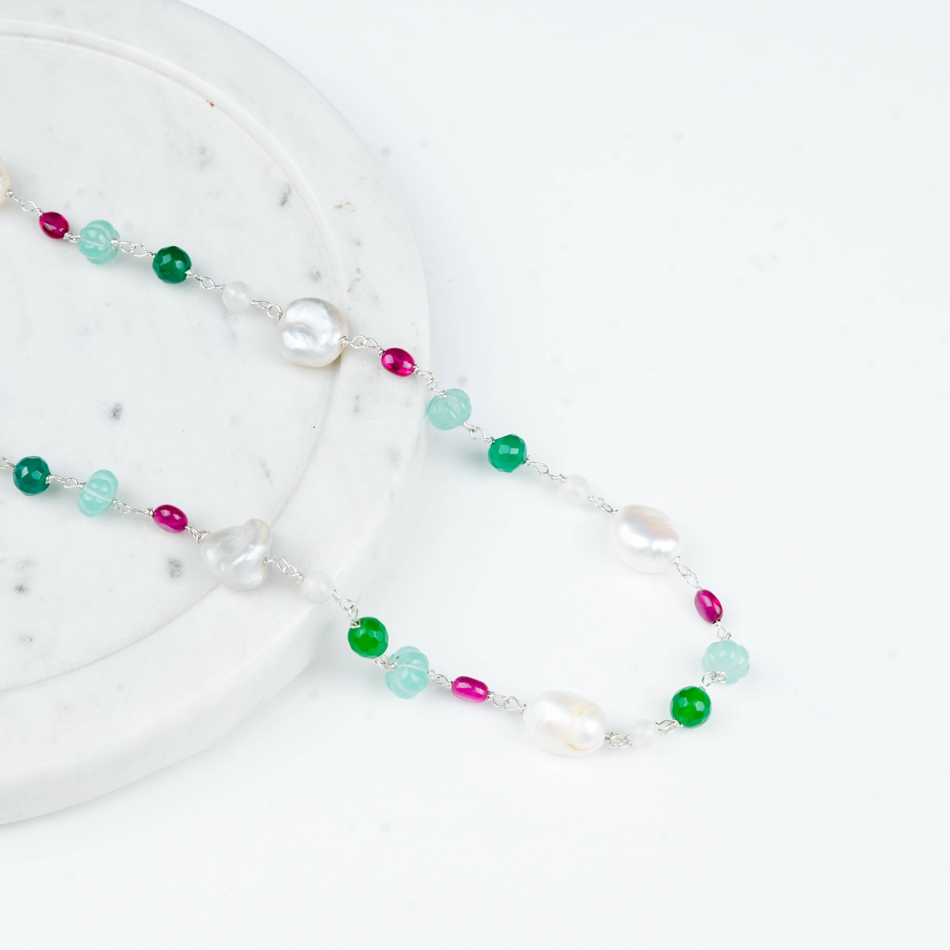 Close-up of Multicolour Stone Ganthan Necklace with Baroque Pearls