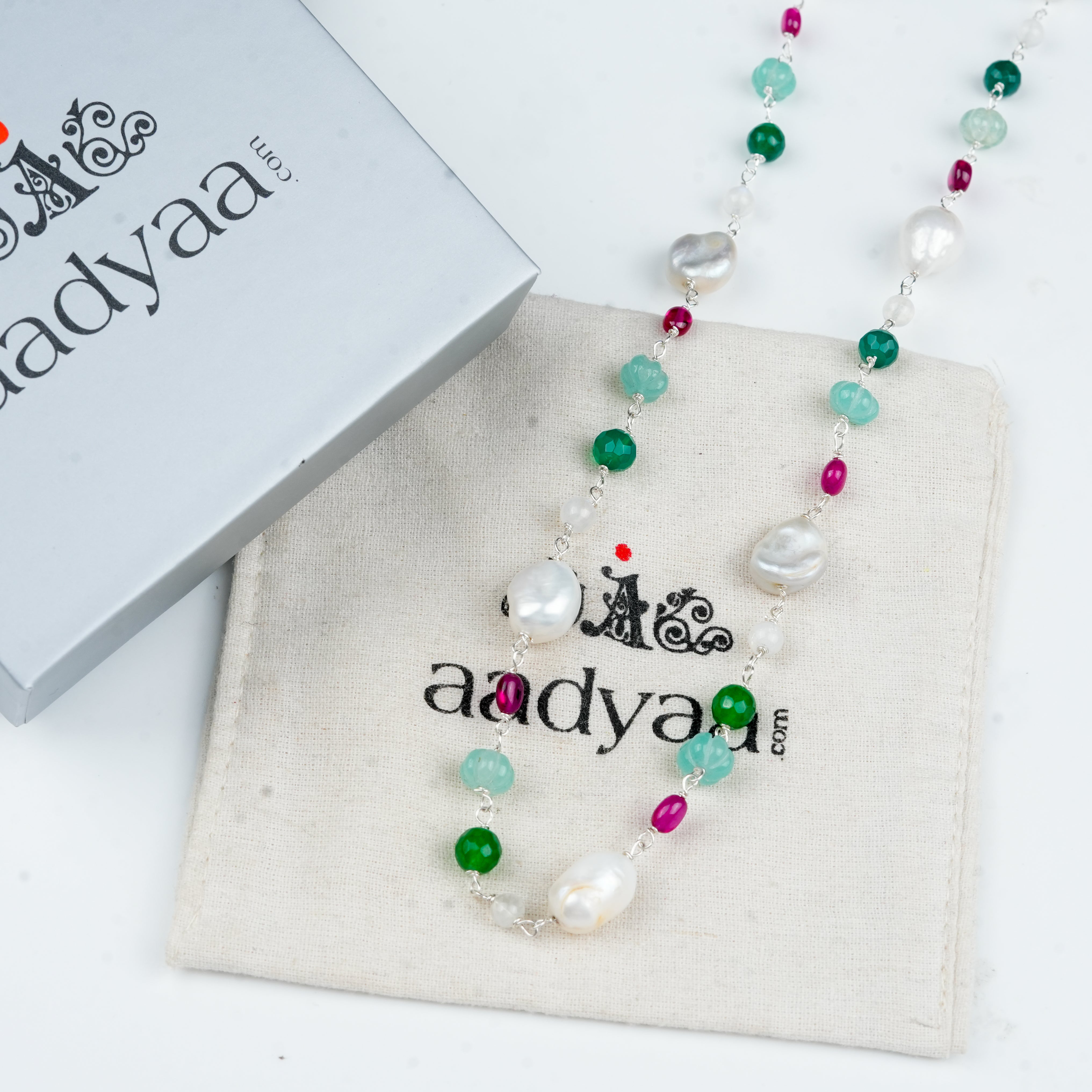 Multicolour Stone Ganthan Necklace with Baroque Pearls – 20 Inches (Project Handmade)