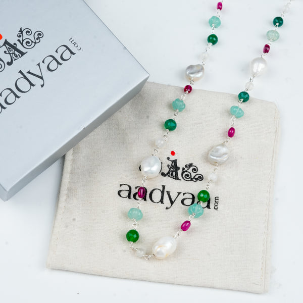 Sterling silver Ganthan necklace with colourful stones and baroque pearls