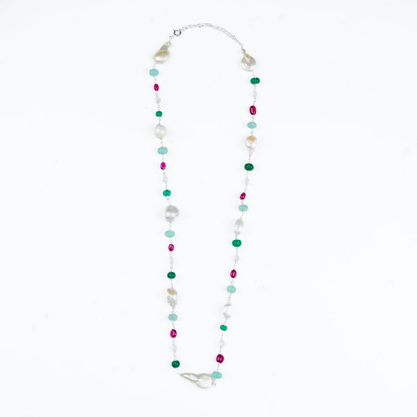 Multicolour gemstone and baroque pearl statement necklace for women
