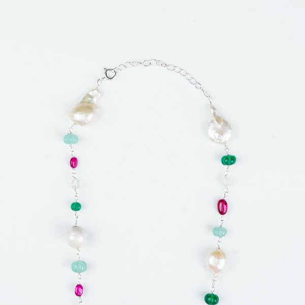 Close-up of Multicolour Stone Ganthan Necklace with Baroque Pearls