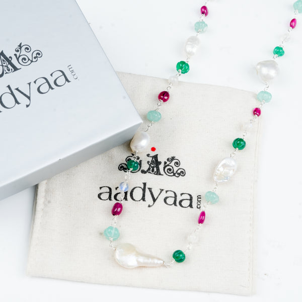 Sterling silver Ganthan necklace with colourful stones and baroque pearls