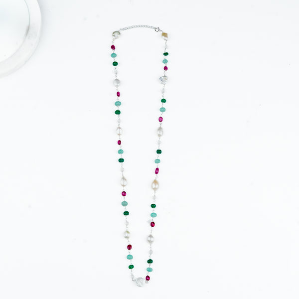 Multicolour gemstone and baroque pearl statement necklace for women